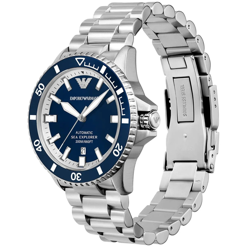 Emporio Armani Sea Explorer AR60079 42mm Men's Automatic Watch – Blue Sunray & Blue Stainless Steel Bracelet