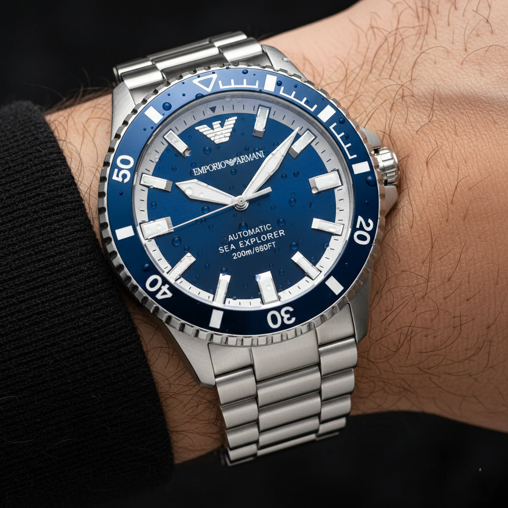 Emporio Armani Sea Explorer AR60079 42mm Men's Automatic Watch – Blue Sunray & Blue Stainless Steel Bracelet