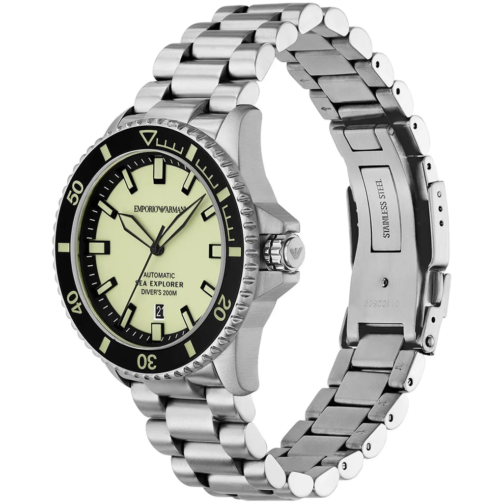 Emporio Armani Sea Explorer AR60083 42mm Men's Automatic Watch – Yellow & Silver-Tone Stainless Steel Bracelet