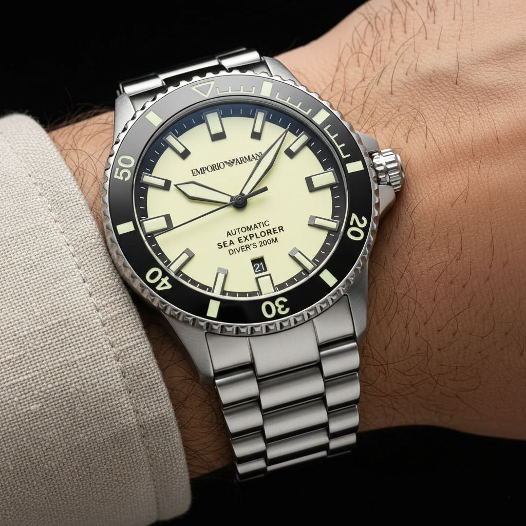 Emporio Armani Sea Explorer AR60083 42mm Men's Automatic Watch – Yellow & Silver-Tone Stainless Steel Bracelet