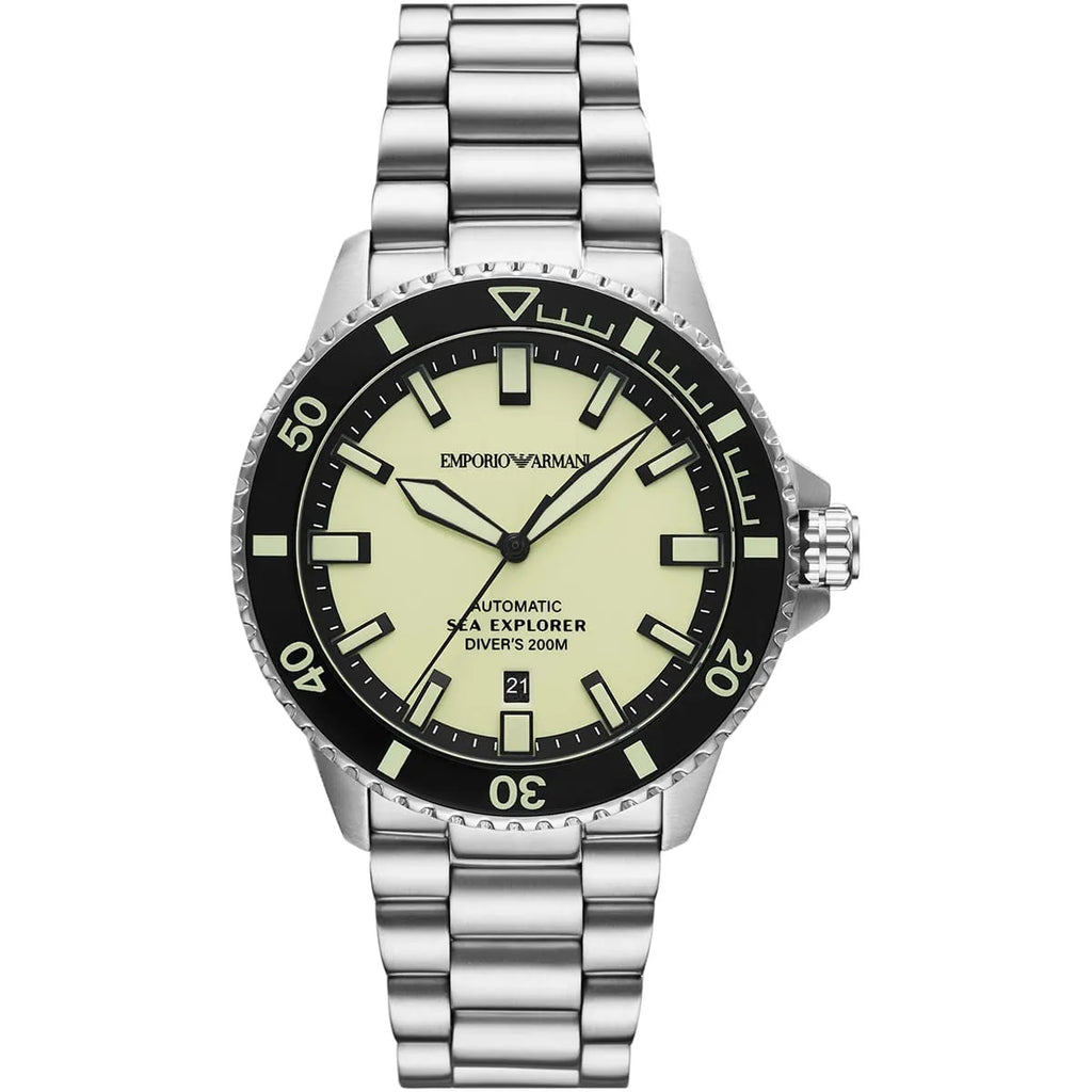Emporio Armani Sea Explorer AR60083 42mm Men's Automatic Watch – Yellow & Silver-Tone Stainless Steel Bracelet