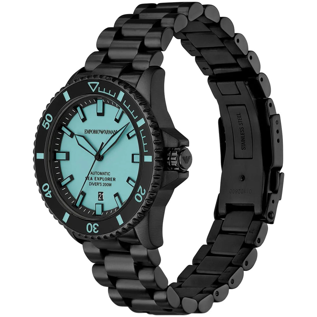 Emporio Armani Sea Explorer AR60084 42mm Men's Automatic Watch – Tiffany Blue Sunray & Black Stainless Steel Bracelet