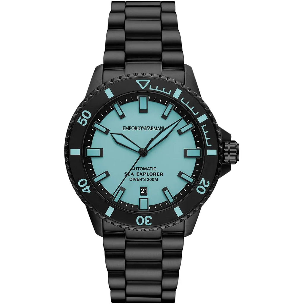 Emporio Armani Sea Explorer AR60084 42mm Men's Automatic Watch – Tiffany Blue Sunray & Black Stainless Steel Bracelet