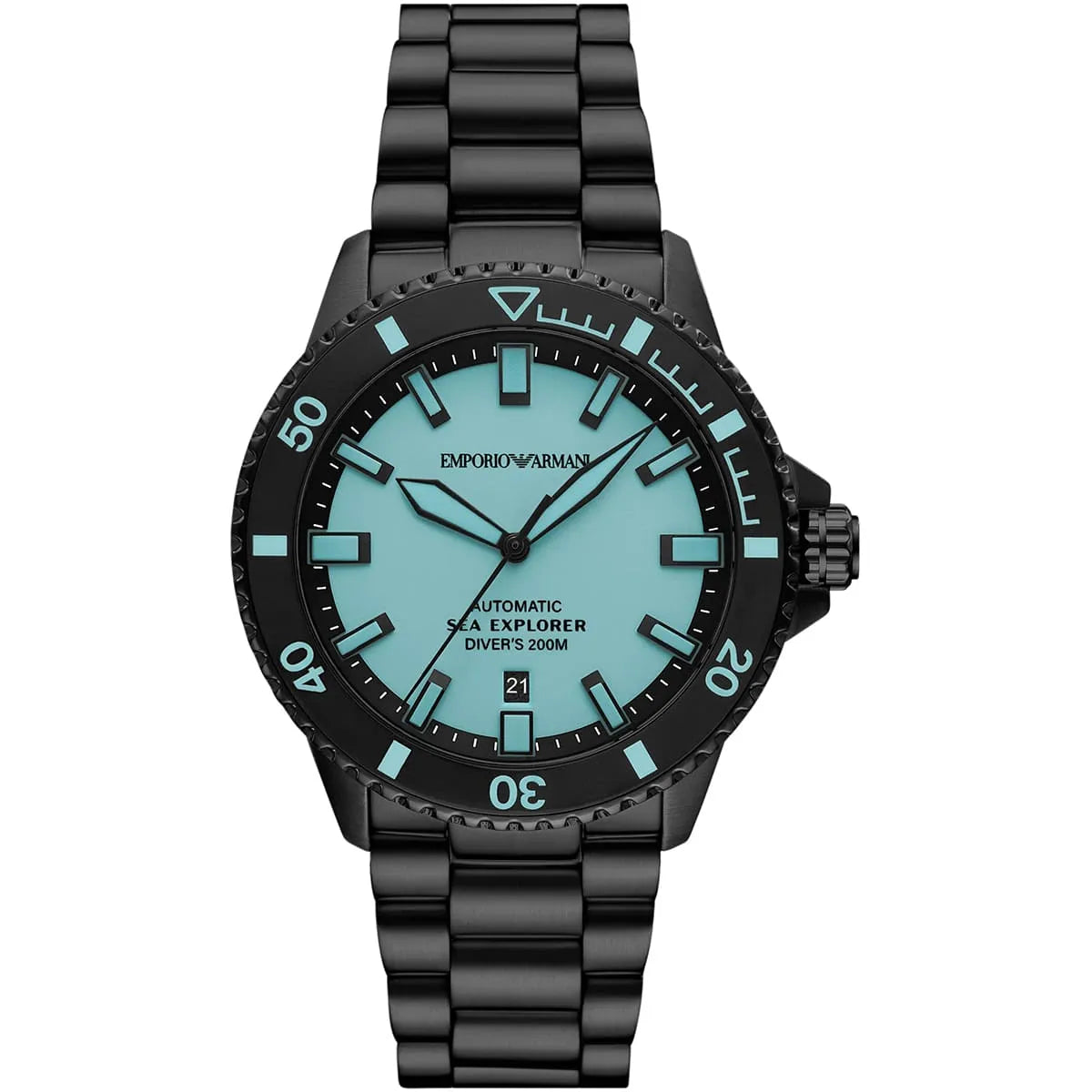 Emporio Armani Sea Explorer AR60084 42mm Men's Automatic Watch – Tiffany Blue Sunray & Black Stainless Steel Bracelet