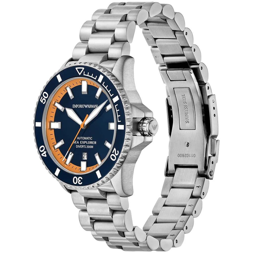 Emporio Armani Sea Explorer AR60090 42mm Men's Automatic Watch – Blue & Silver-Tone Stainless Steel Bracelet
