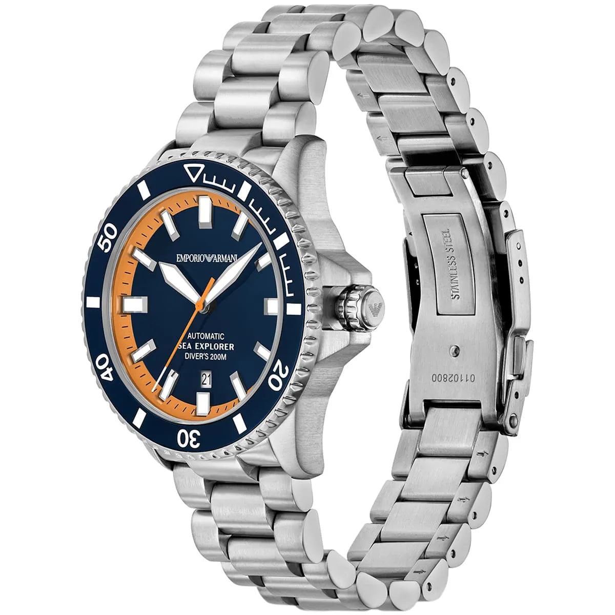 Emporio Armani Sea Explorer AR60090 42mm Men's Automatic Watch – Blue & Silver-Tone Stainless Steel Bracelet