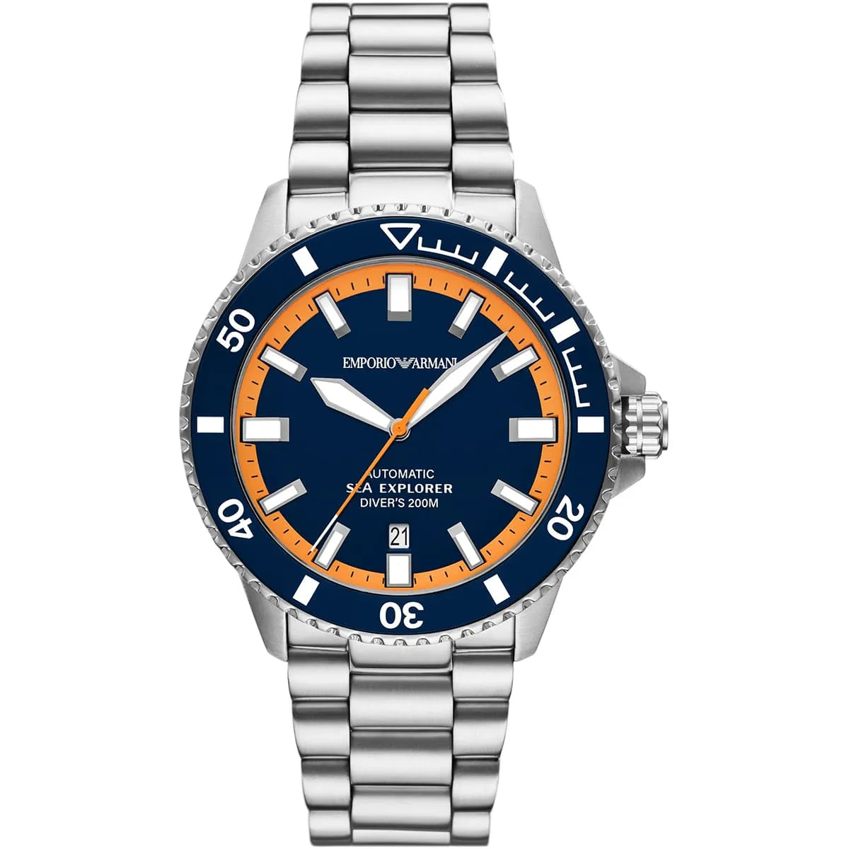 Emporio Armani Sea Explorer AR60090 42mm Men's Automatic Watch – Blue & Silver-Tone Stainless Steel Bracelet