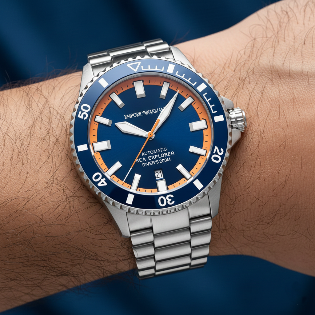 Emporio Armani Sea Explorer AR60090 42mm Men's Automatic Watch – Blue & Silver-Tone Stainless Steel Bracelet