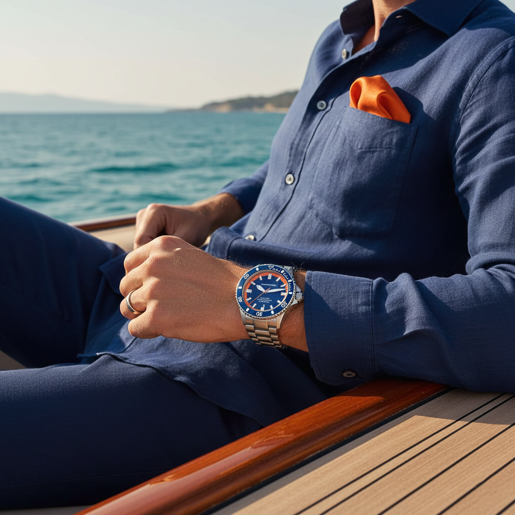 Emporio Armani Sea Explorer AR60090 42mm Men's Automatic Watch – Blue & Silver-Tone Stainless Steel Bracelet