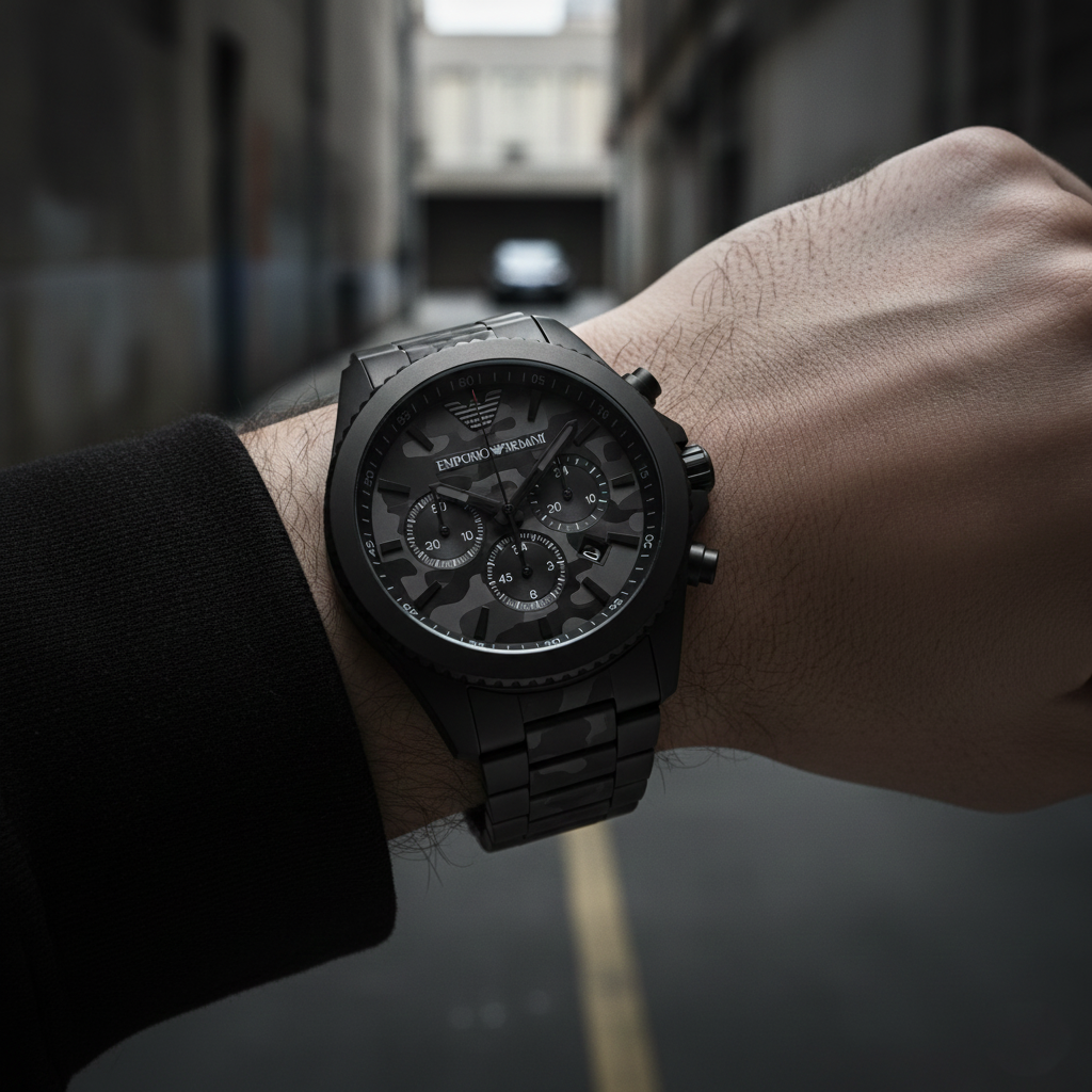 Emporio Armani Sigma AR11027 44mm Men's Chronograph Watch – Black Textured & Black Stainless Steel Bracelet