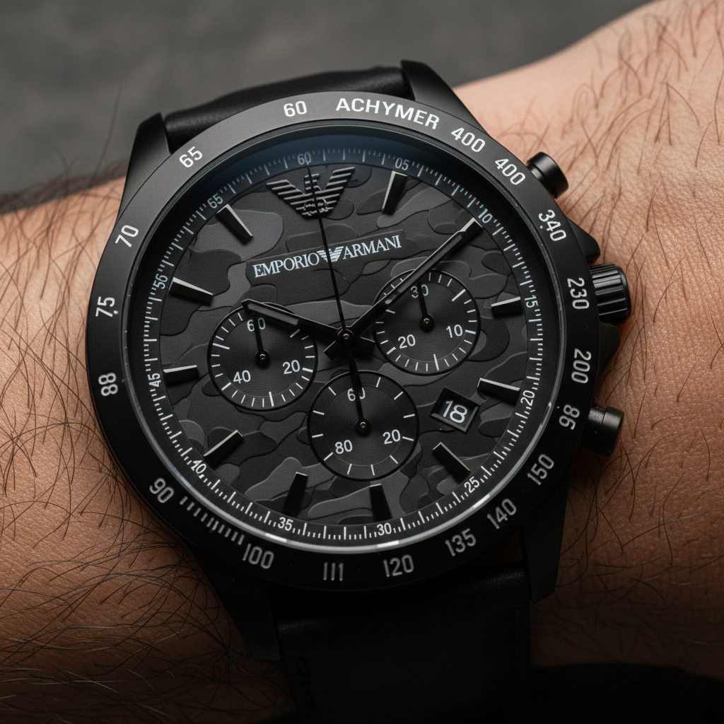 Emporio Armani Sigma AR11027 44mm Men's Chronograph Watch – Black Textured & Black Stainless Steel Bracelet