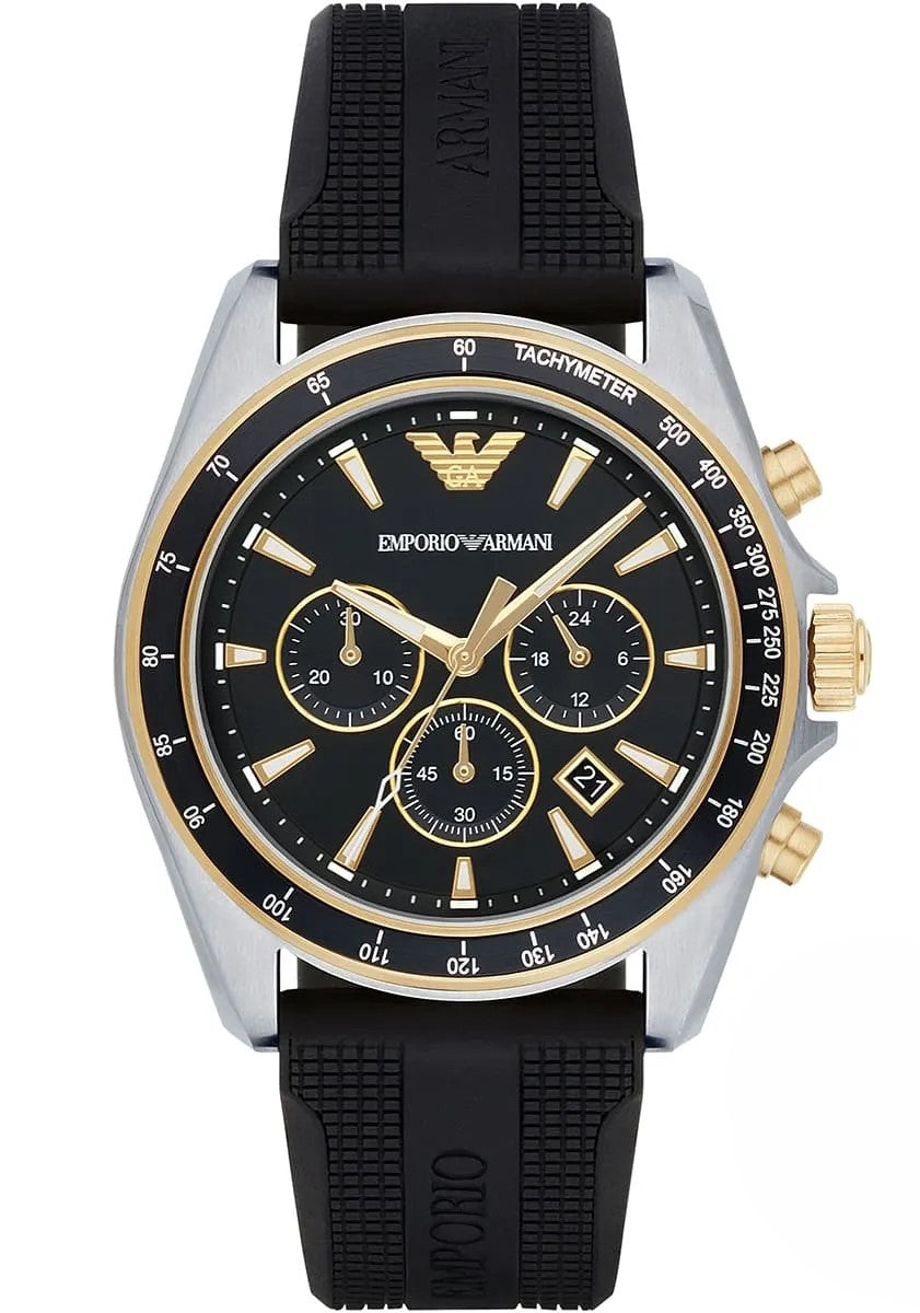 Emporio Armani Sigma AR80003 44mm Men's Chronograph Watch – Black Textured & Black Rubber Strap