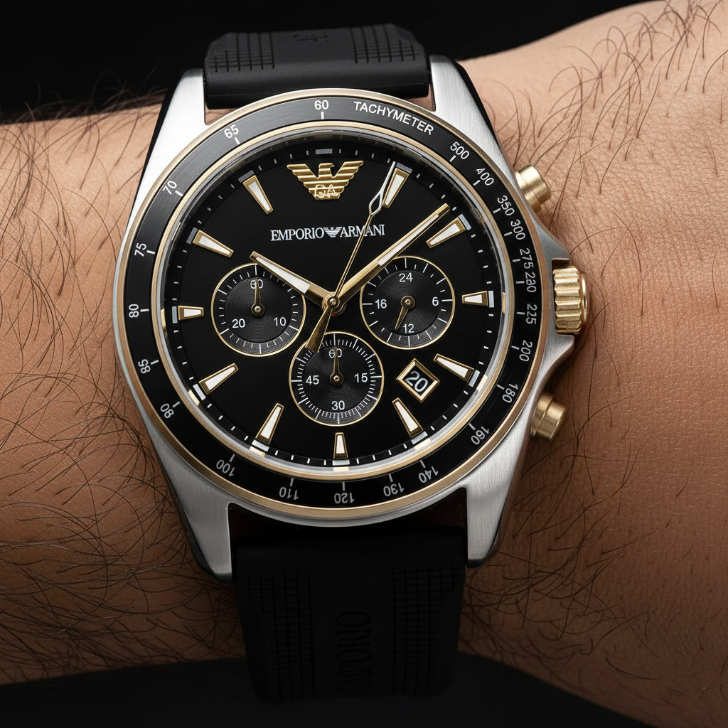 Emporio Armani Sigma AR80003 44mm Men's Chronograph Watch – Black Textured & Black Rubber Strap
