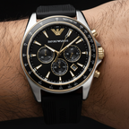 Emporio Armani Sigma AR80003 44mm Men's Chronograph Watch – Black Textured & Black Rubber Strap