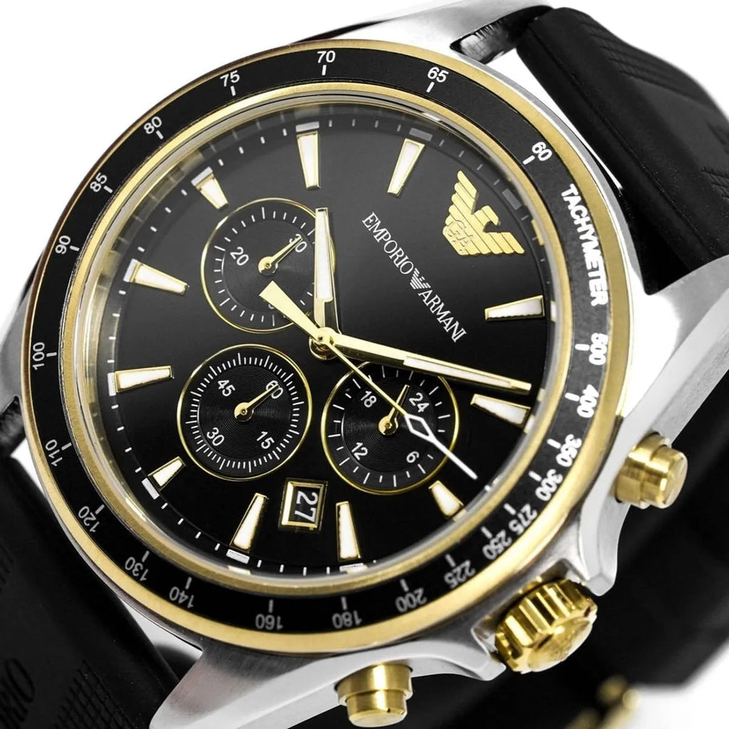 Emporio Armani Sigma AR80003 44mm Men's Chronograph Watch – Black Textured & Black Rubber Strap