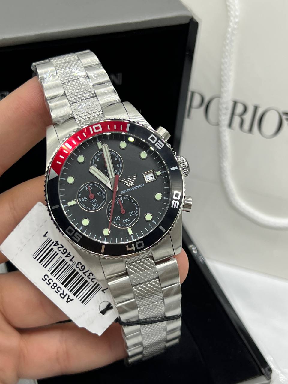 Emporio Armani Sportive AR5855 Men's Chronograph Watch – Black Textured & Silver Stainless Steel Bracelet