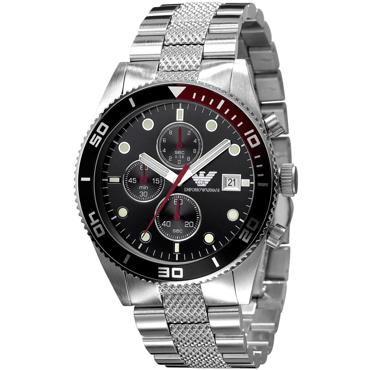 Emporio Armani Sportive AR5855 Men's Chronograph Watch – Black Textured & Silver Stainless Steel Bracelet