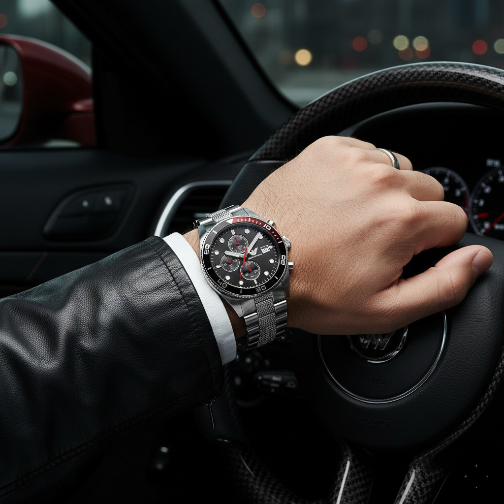 Emporio Armani Sportive AR5855 Men's Chronograph Watch – Black Textured & Silver Stainless Steel Bracelet
