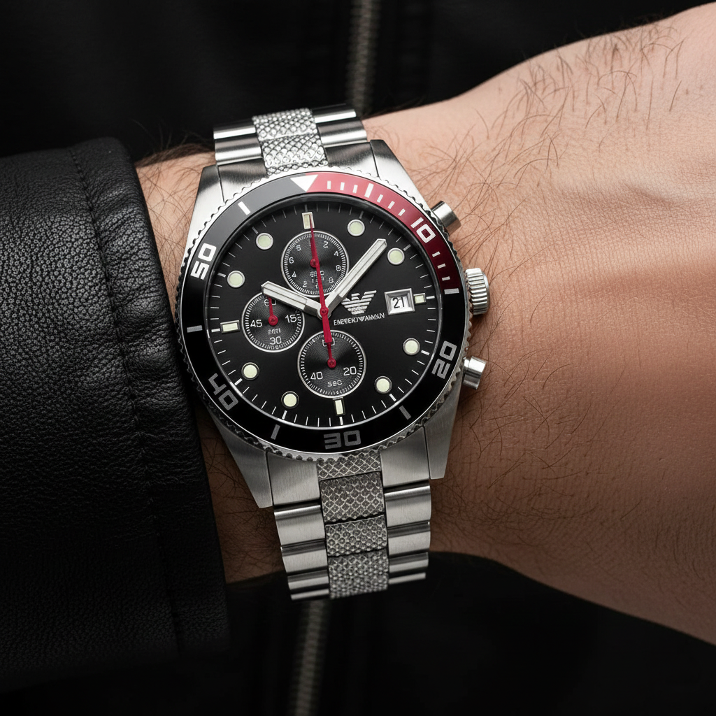 Emporio Armani Sportive AR5855 Men's Chronograph Watch – Black Textured & Silver Stainless Steel Bracelet