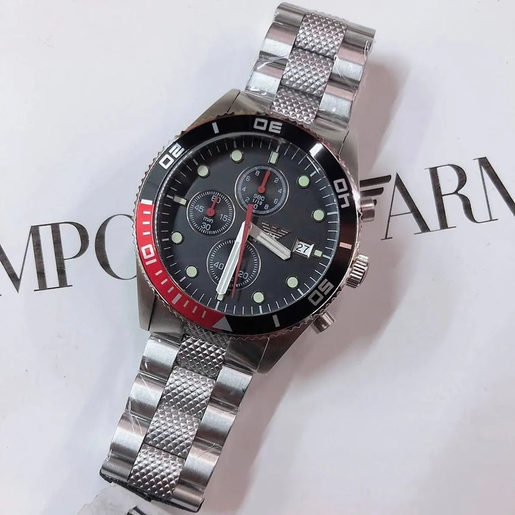 Emporio Armani Sportive AR5855 Men's Chronograph Watch – Black Textured & Silver Stainless Steel Bracelet