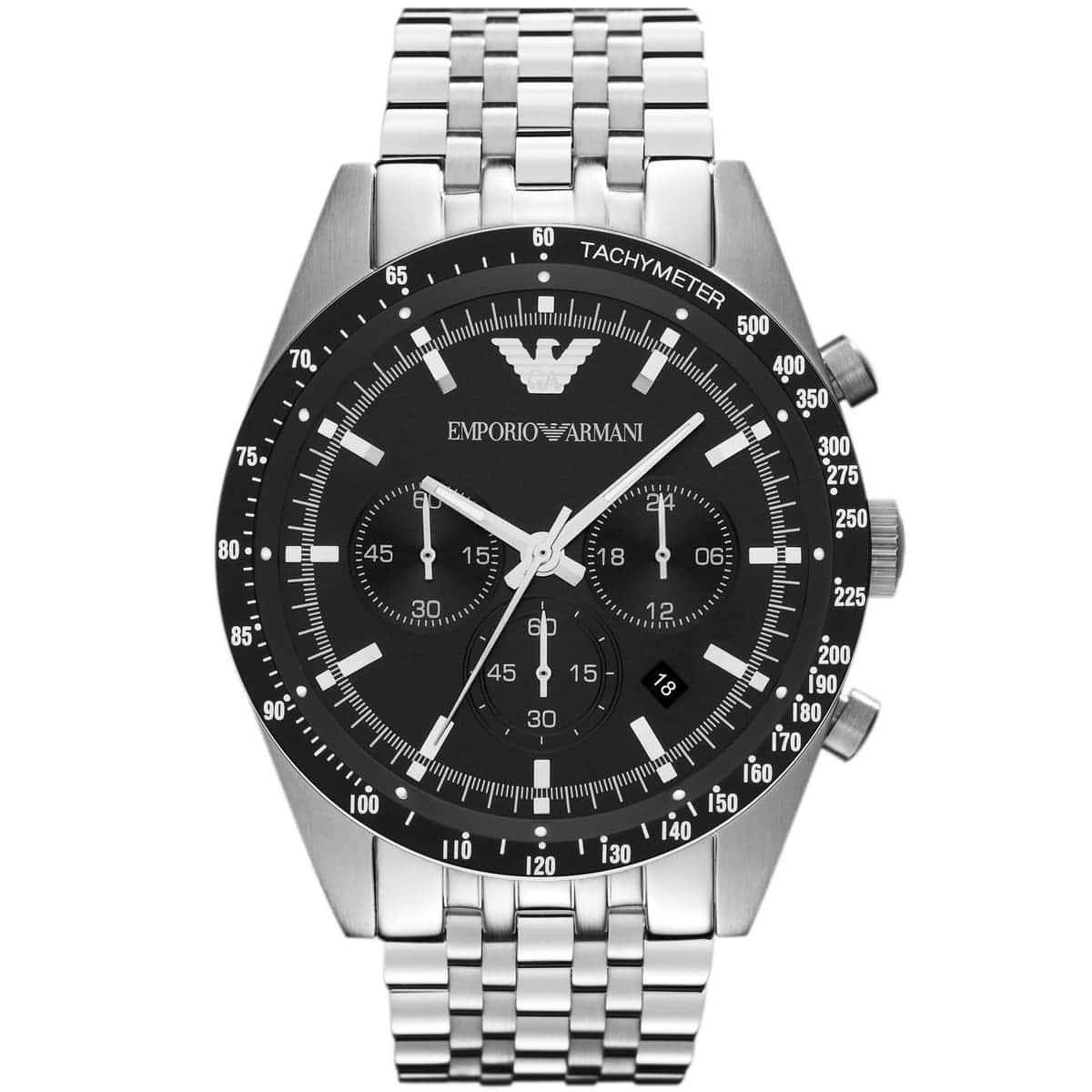 Emporio Armani Sportivo AR5988 46mm Men's Chronograph Watch – Black & Silver Stainless Steel Bracelet