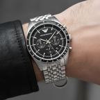Emporio Armani Sportivo AR5988 46mm Men's Chronograph Watch – Black & Silver Stainless Steel Bracelet