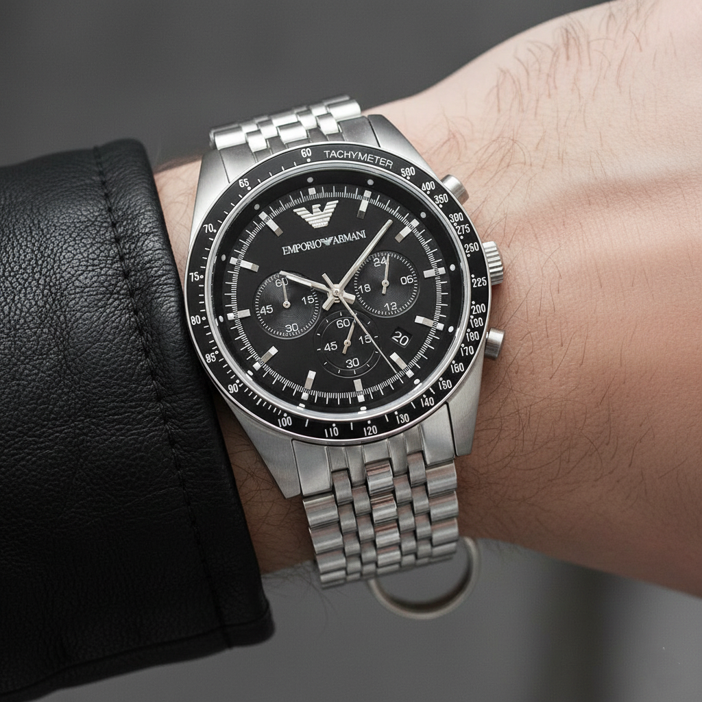 Emporio Armani Sportivo AR5988 46mm Men's Chronograph Watch – Black & Silver Stainless Steel Bracelet