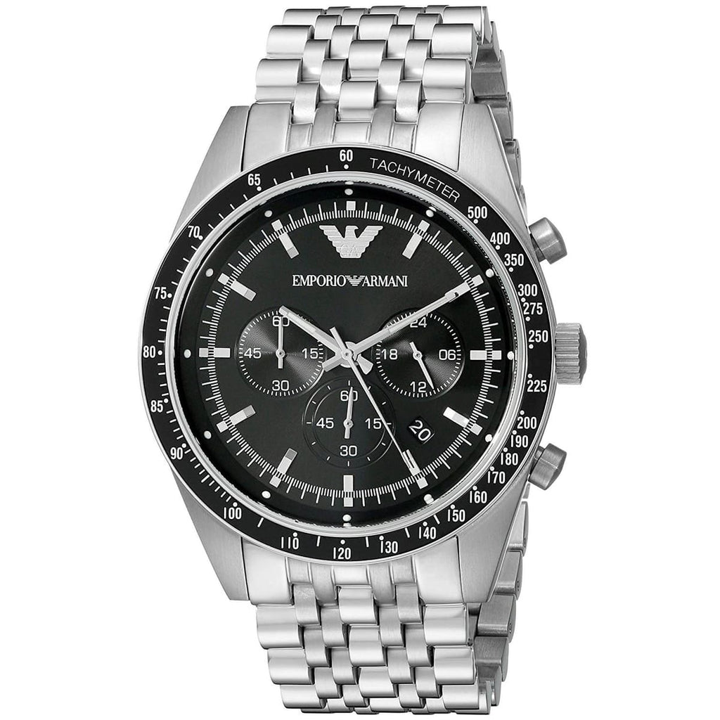 Emporio Armani Sportivo AR5988 46mm Men's Chronograph Watch – Black & Silver Stainless Steel Bracelet