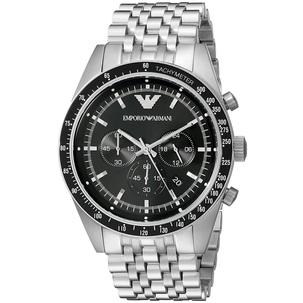 Emporio Armani Sportivo AR5988 46mm Men's Chronograph Watch – Black & Silver Stainless Steel Bracelet