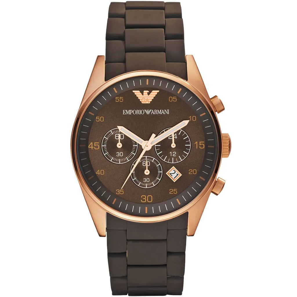 Emporio Armani Tazio AR5890 43mm Men's Chronograph Watch – Chocolate Brown & Rose Gold Silicone Strap