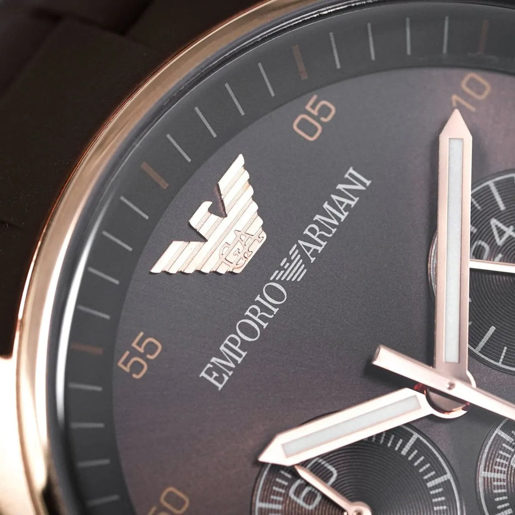 Emporio Armani Tazio AR5890 43mm Men's Chronograph Watch – Chocolate Brown & Rose Gold Silicone Strap