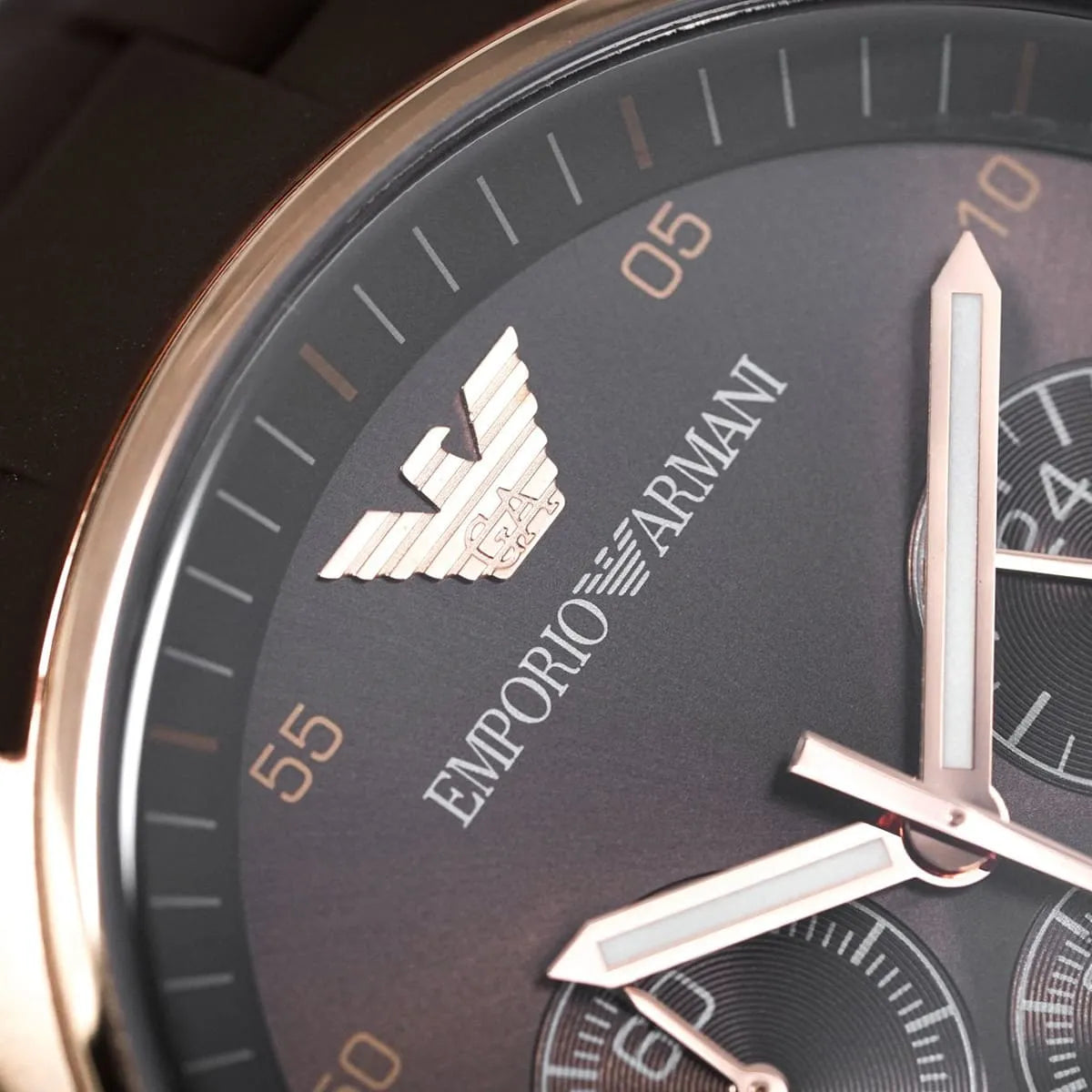 Emporio Armani Tazio AR5890 43mm Men's Chronograph Watch – Chocolate Brown & Rose Gold Silicone Strap