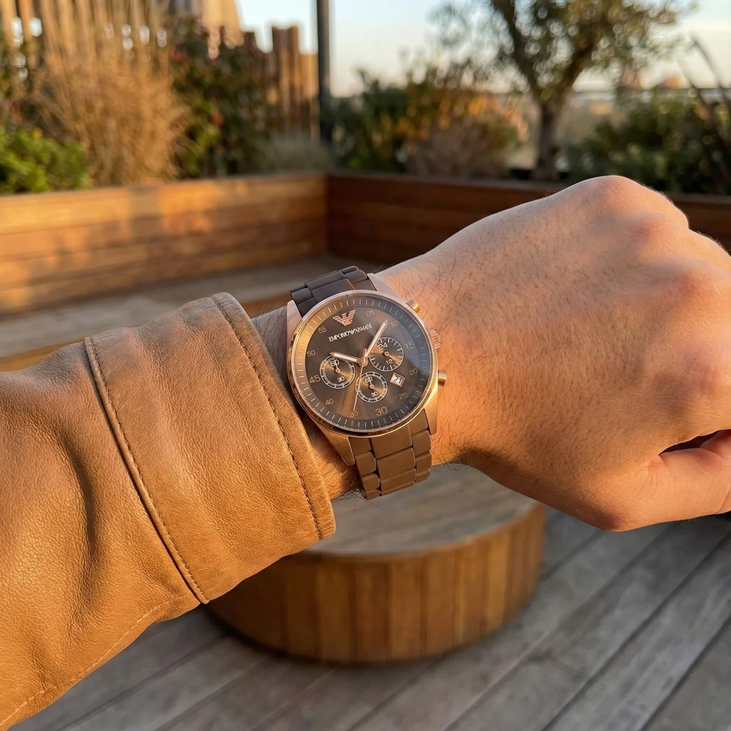 Emporio Armani Tazio AR5890 43mm Men's Chronograph Watch – Chocolate Brown & Rose Gold Silicone Strap