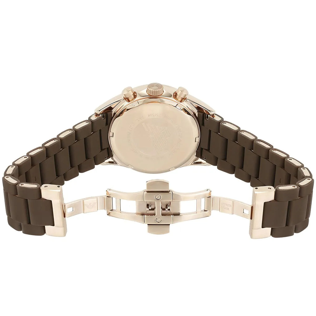 Emporio Armani Tazio AR5890 43mm Men's Chronograph Watch – Chocolate Brown & Rose Gold Silicone Strap