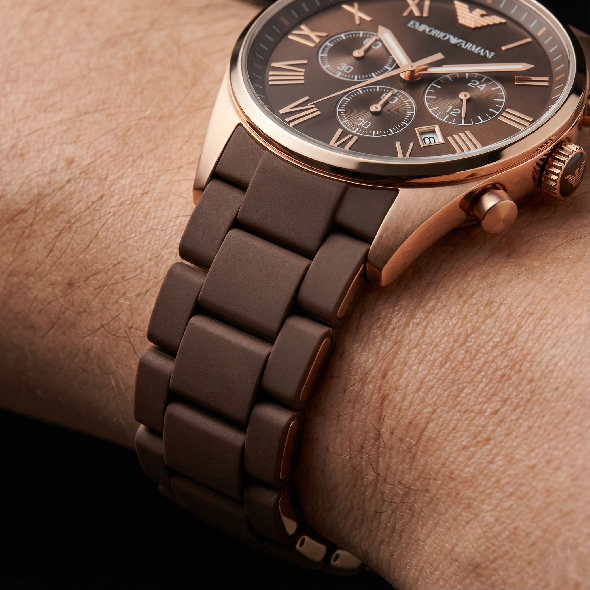 Emporio Armani Tazio AR5890 43mm Men's Chronograph Watch – Chocolate Brown & Rose Gold Silicone Strap
