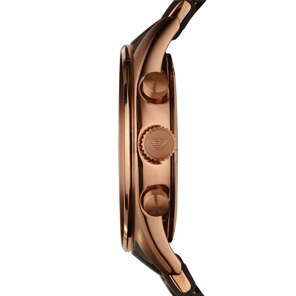 Emporio Armani Tazio AR5890 43mm Men's Chronograph Watch – Chocolate Brown & Rose Gold Silicone Strap