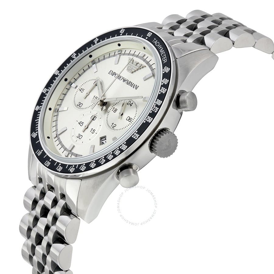 Emporio Armani Tazio AR6073 44mm Men's Chronograph Watch – White Sunray & Black Stainless Steel Bracelet