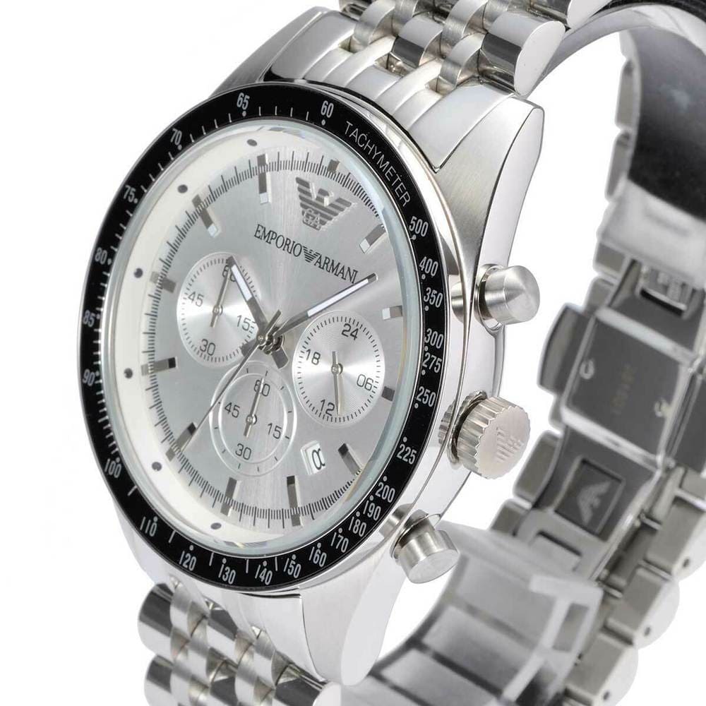 Emporio Armani Tazio AR6073 44mm Men's Chronograph Watch – White Sunray & Black Stainless Steel Bracelet