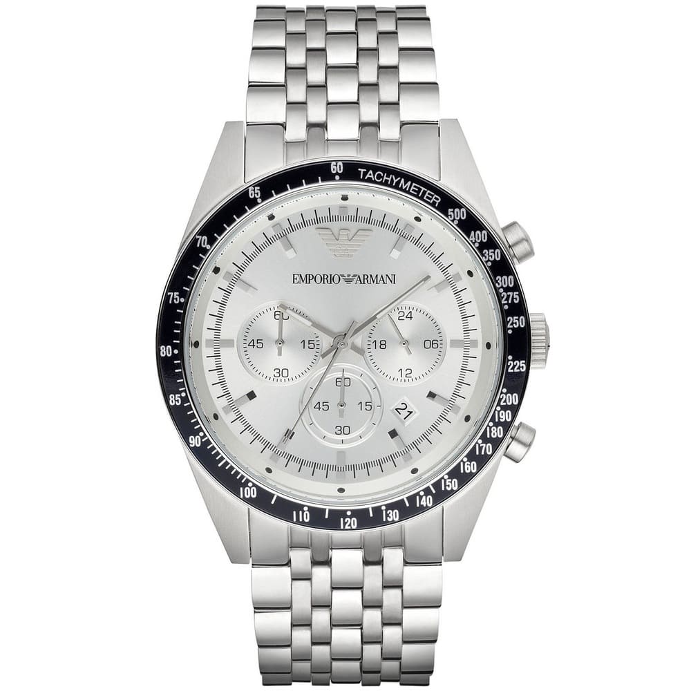 Emporio Armani Tazio AR6073 44mm Men's Chronograph Watch – White Sunray & Black Stainless Steel Bracelet