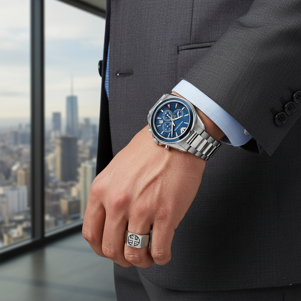 Emporio Armani Tazio AR6091 Men's Chronograph Watch – Navy Blue & Silver Stainless Steel Bracelet