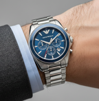 Emporio Armani Tazio AR6091 Men's Chronograph Watch – Navy Blue & Silver Stainless Steel Bracelet