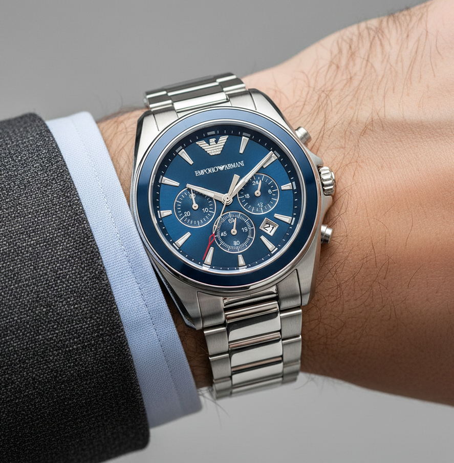 Emporio Armani Tazio AR6091 Men's Chronograph Watch – Navy Blue & Silver Stainless Steel Bracelet