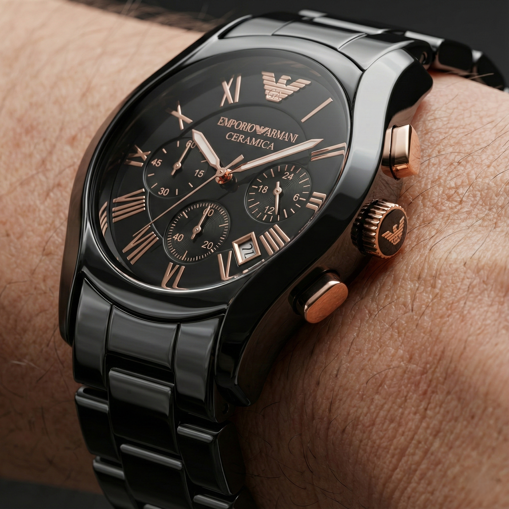 Emporio Armani Valente AR1410 43mm Men's Chronograph Watch – Black & Black Ceramic Bracelet