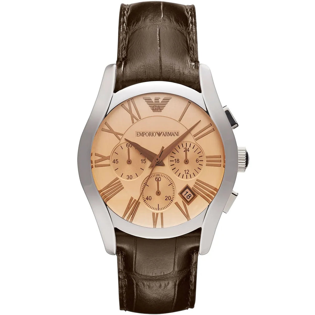 Emporio Armani Valente AR1634 43mm Men's Chronograph Watch – Champagne & Brown Genuine Leather Strap