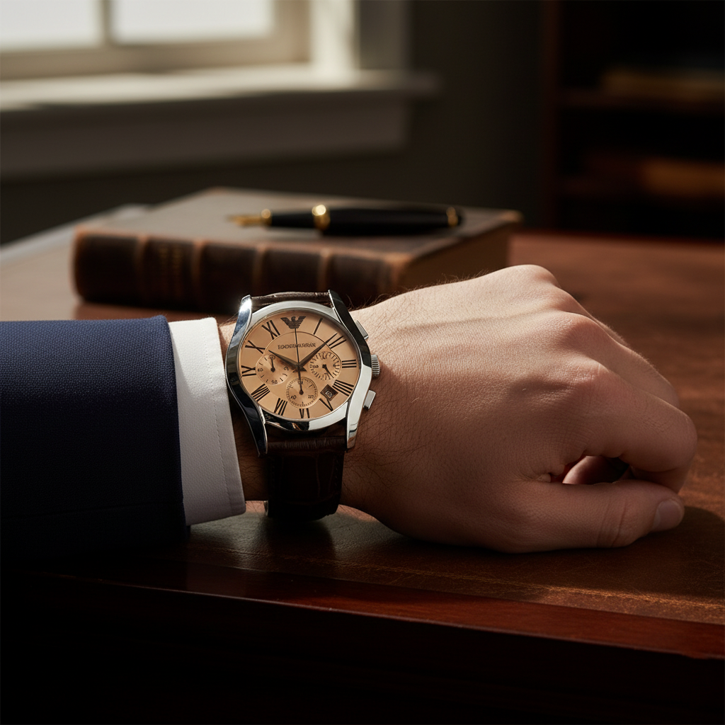 Emporio Armani Valente AR1634 43mm Men's Chronograph Watch – Champagne & Brown Genuine Leather Strap