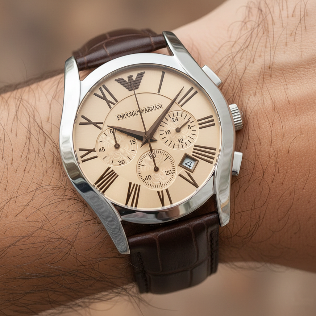 Emporio Armani Valente AR1634 43mm Men's Chronograph Watch – Champagne & Brown Genuine Leather Strap