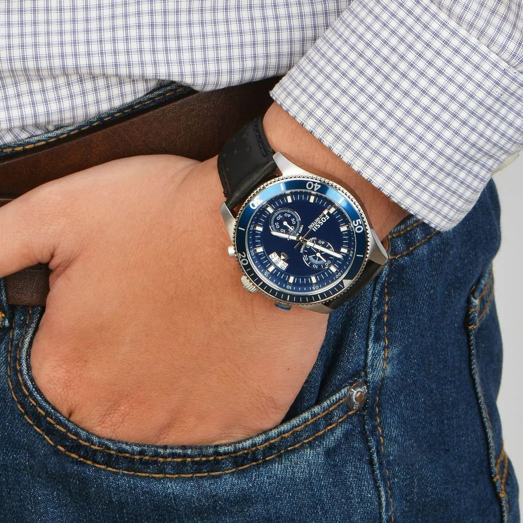 Fossil Wakefield CH2945 45mm Men’s Chronograph Watch – Blue Dial & Black Genuine Leather Strap