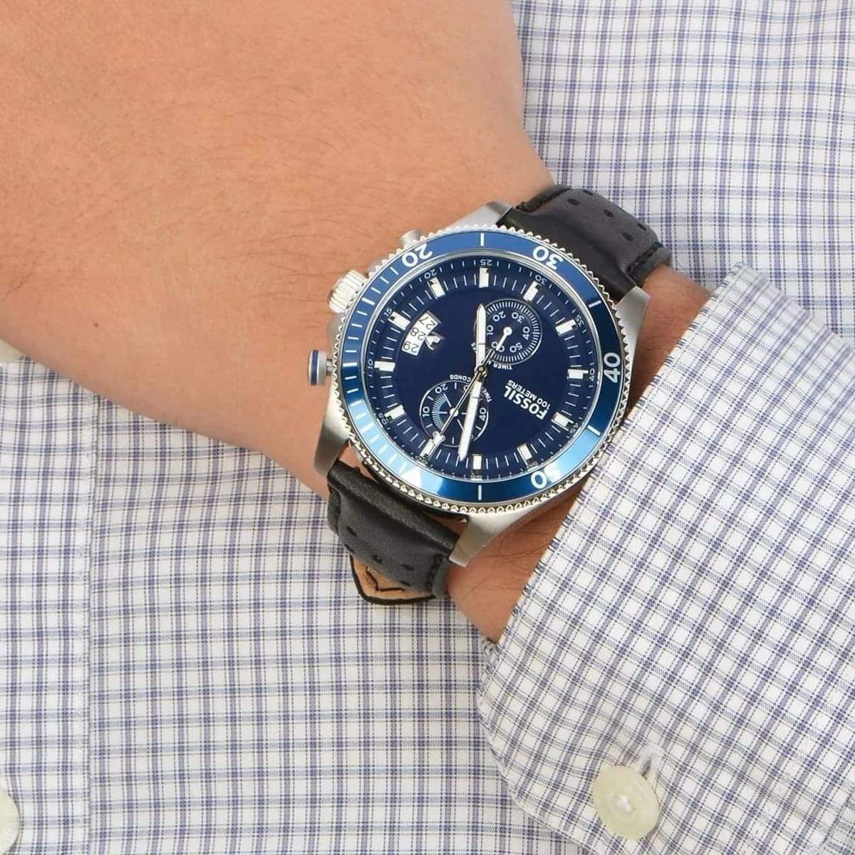 Fossil Wakefield CH2945 45mm Men’s Chronograph Watch – Blue Dial & Black Genuine Leather Strap