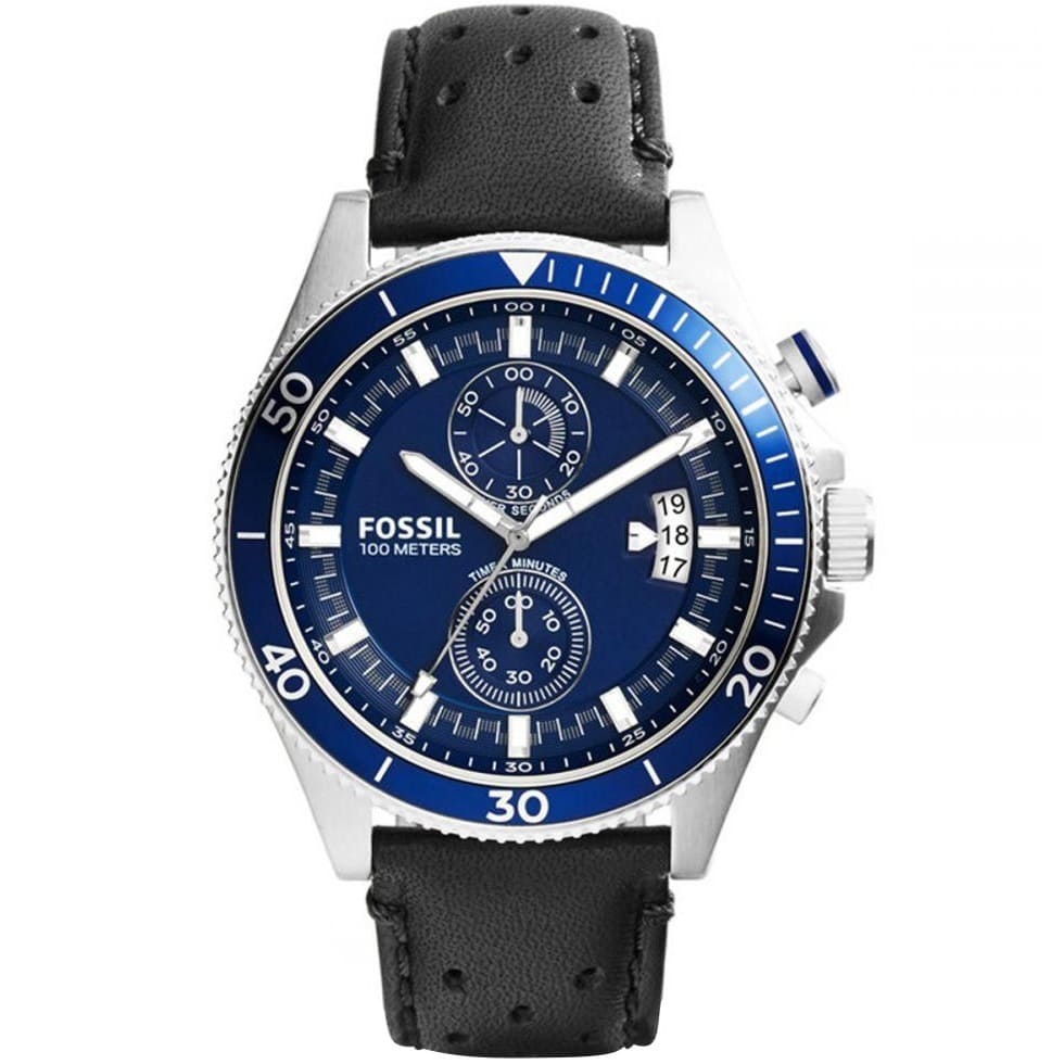 Fossil Wakefield CH2945 45mm Men’s Chronograph Watch – Blue Dial & Black Genuine Leather Strap