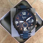 Fossil Nate JR1494 50mm Men’s Chronograph Watch – Blue Dial & Black and Blue-tone Stainless Steel Bracelet